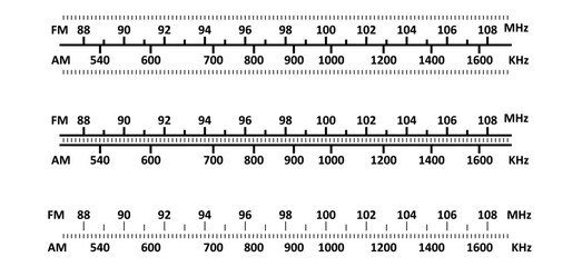 Radio tuner frequency tuning. Analoog dashboard inscription, control panel. Radio receiver tuner dial scale. Old hi-fi Stereo or mono tuner FM AM band. Radio frequency scales. Radio station signal.