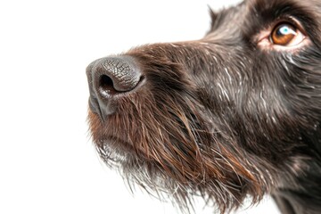 extreme close up detail shot of dog nose and mouth sniffing on a solid white background