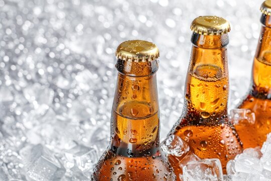 cold bottles of beer in ice isolated on solid white background