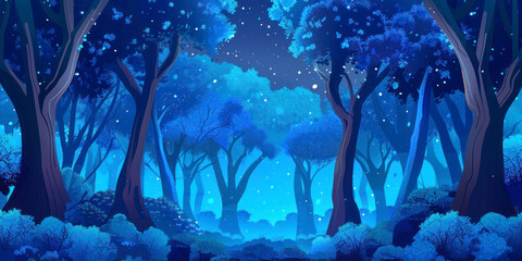 Blue trees fantasy color space illustration flat design. - obrazy, fototapety, plakaty