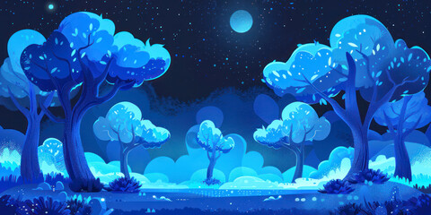 Blue trees fantasy color space illustration flat design. - obrazy, fototapety, plakaty