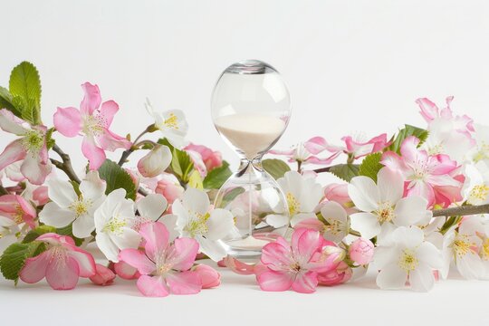 hourglass with blooming spring flowers on a white background