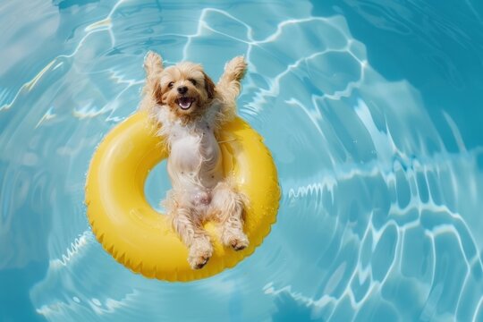 laughing smiling exited dog in swimming pool floating on swimming ring top view