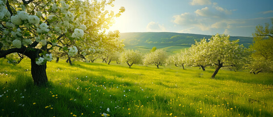 Beautiful spring nature landscape with blooming trees. Meadow, green hills, glade with flowers on...