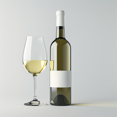 Fototapeta premium wine bottle with white wine glass standing in style of advertising photoshoot, isolated on white clean background сreated with Generative Ai