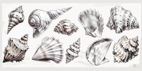 Collection of realistic sketches various mollusk sea shells different forms. - obrazy, fototapety, plakaty