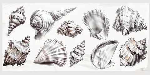Deurstickers Collection of realistic sketches various mollusk sea shells different forms. © Hunman