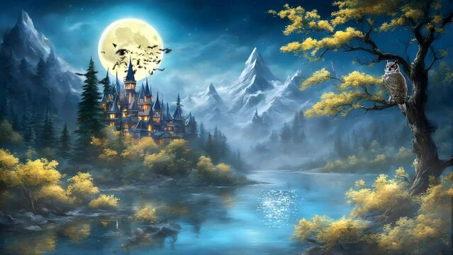 Spooky castle in the night with bats, an owl sit on tree branches. Seamless looping time lapse 4k video animation background