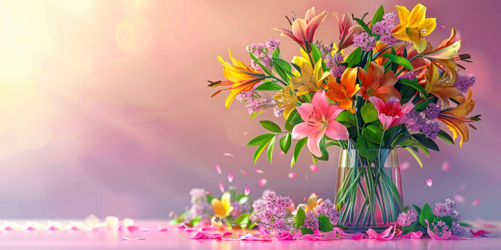 Flower bouquet with vase pink yellow creative floral design.