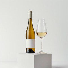 wine bottle with white wine glass standing in style of advertising photoshoot, isolated on white clean background сreated with Generative Ai