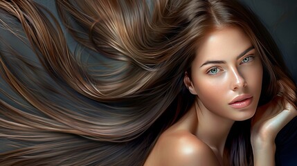Stylish brunette woman with long shiny hair on dark background   haircare and beauty concept