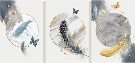three panel wall art, marble background with feather designs and butterfly silhouette	 - obrazy, fototapety, plakaty
