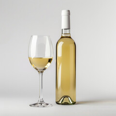 wine bottle with white wine glass standing in style of advertising photoshoot, isolated on white clean background сreated with Generative Ai
