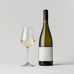 Fototapeta premium wine bottle with white wine glass standing in style of advertising photoshoot, isolated on white clean background сreated with Generative Ai