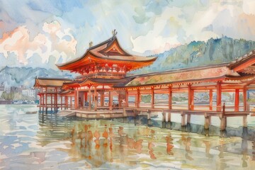 Naklejka premium Watercolor of Itsukushima Shrine Serene environment, bright hues