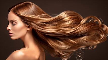 Naklejka premium Stylish brunette woman with flowing long shiny hair on dark background, beauty and hair care concept