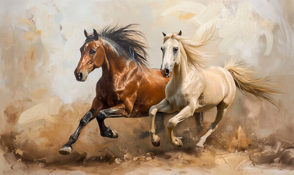 A pair of horses running side by side, their fur ruffled by the wind, with a background that is abstract and textured, creating an oil painting effect, Generative Ai