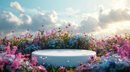 Fototapeta na wymiar white podium or platform on background of beautiful wildflowers and clouds, for cosmetic product presentation concept