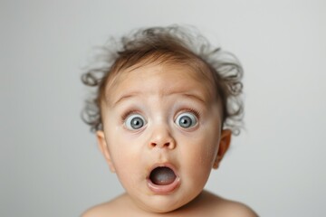 Portrait of surprised dirty newborn baby with bulging big eyes on solid white background