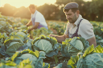 male farmers harvest white cabbage in the field. A group of male farmers harvesting white cabbage in a lush green field, showcasing hard work and agricultural bounty - obrazy, fototapety, plakaty