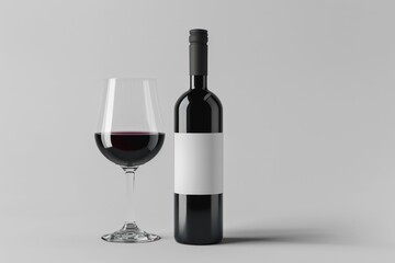 red wine bottle with white label mockup and glass isolated on a white background