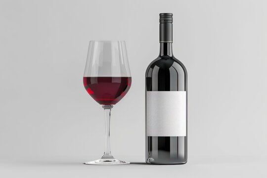red wine bottle with white label mockup and glass isolated on a white background