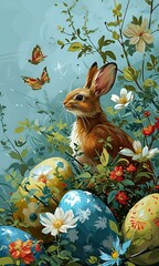 Bunny amidst colorful eggs and spring flowers
