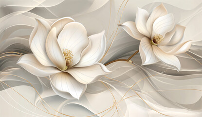 3d wallpaper with elegant flowers, magnolia and leaves, vector illustration design - obrazy, fototapety, plakaty
