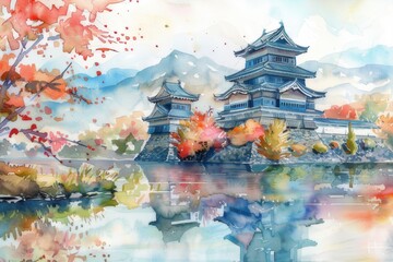 Watercolor image of Matsumoto Castle