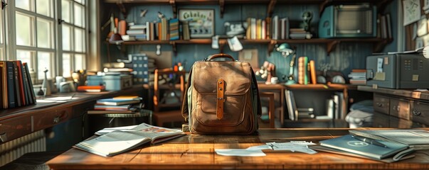 a desk with books and a backpack.