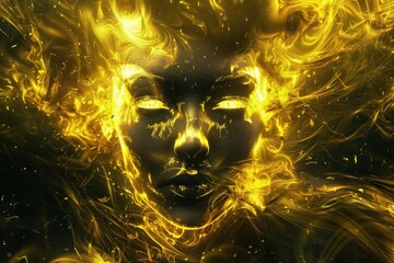 dark evil face in yellow flame, energy flow