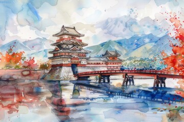 Obraz premium Watercolor image of Matsumoto Castle