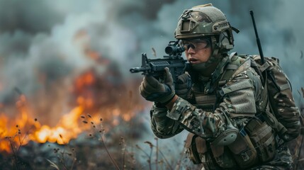 Soldier in Dynamic Battlefield Pose - obrazy, fototapety, plakaty