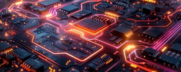 abstract illustration of colorful neon circuit with glowing orange lamp on black surface