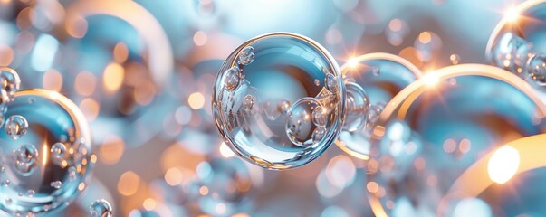 Abstract metallic spheres in fluid motion on Dreamy background. - obrazy, fototapety, plakaty
