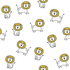 Vector seamless pattern with cute cartoon lion  in Scandinavian style. Hand draw cute animals in sketch style. Doodle style line art. Jungle animals. Cute baby background.