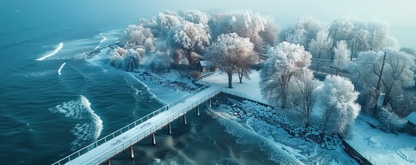 Aerial view of frozen shoreline with snowy trees and pier