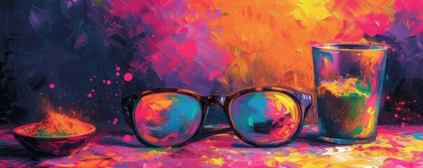 Colorful Paint Splatters on Glasses and Background