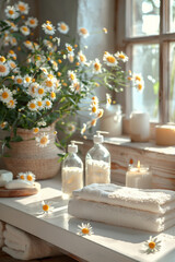 A table displaying numerous white towels neatly arranged, spa massage products, wellness