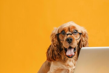 A dog with glasses and a surprised look on her face is looking at a laptop on solid color background