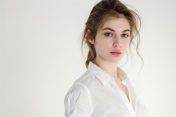 Fototapeta premium a young beautiful fashion stylist designer woman with white shirt standing isolated on white studio background