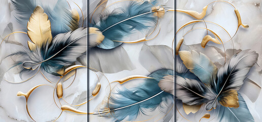 three panel wall art, marble background with feather designs 