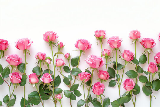 Pink roses on a white background with space for text or message, in a flat lay composition. A flat lay composition of pink rose flowers and leaves on a white background with copy space.