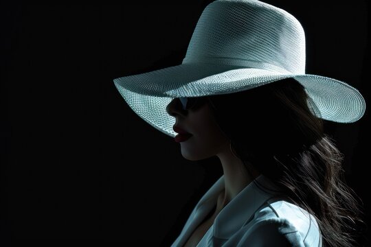 charming young lady elegance luxury white hat french fashion isolated on black background, back light