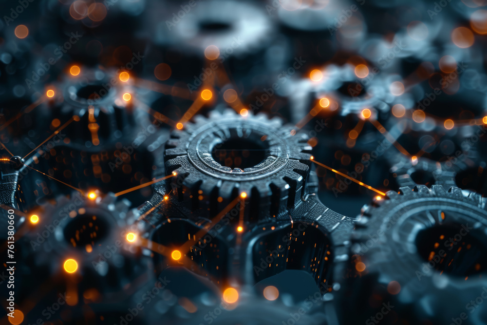 Poster an intricate web of interconnected gears and cogs symbolizing the complexity of communication system