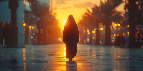 Stylish Arab woman in abaya and hijab walking in Dubai street. Concept Arab Fashion, Dubai Lifestyle, Street Photography, Modest Clothing, Cultural Diversity - obrazy, fototapety, plakaty