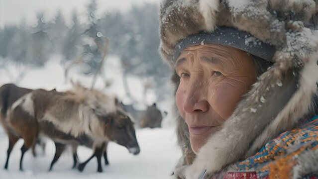 The Chatan tribe herds reindeer in a snowy winter pine forest in Mongolia