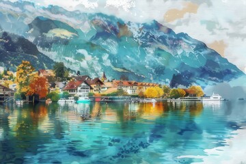 Watercolor image of a mountain lake in the harbor of Iseltwald at Lake Brienz in Switzerland.