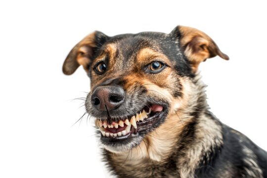 Portrait of a funny dog with a big smile and big teeth on a white background