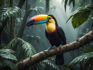 Vibrant Elegance, Toucan Perched in the Amazon Rainforest Jungle.